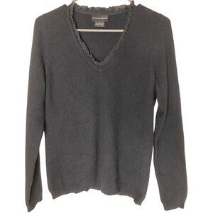 Sutton 100% Cashmere V-Neck Sweater • Ruffle Detail • Black • M • Minimalist